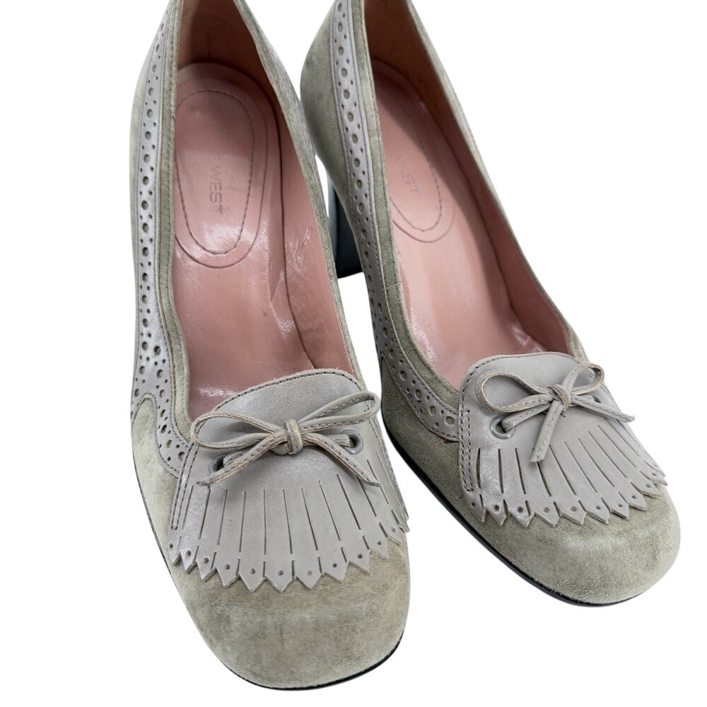 Nine West Womens 6 Oxford Olive Suede Kiltie Fringe Wingtip Block Heel Pumps Bow - Picture 8 of 10